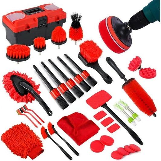 Set of car cleaning tools with red and black colors on a white background