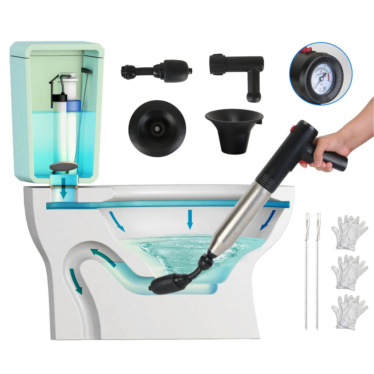Toilet cleaning kit with various tools on a white background