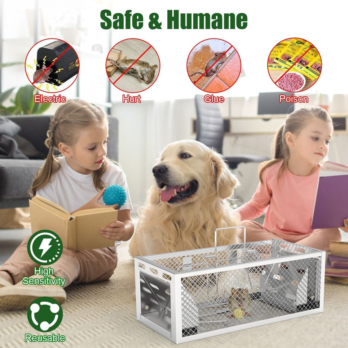 Two children reading with a dog next to a humane trap in a home setting.