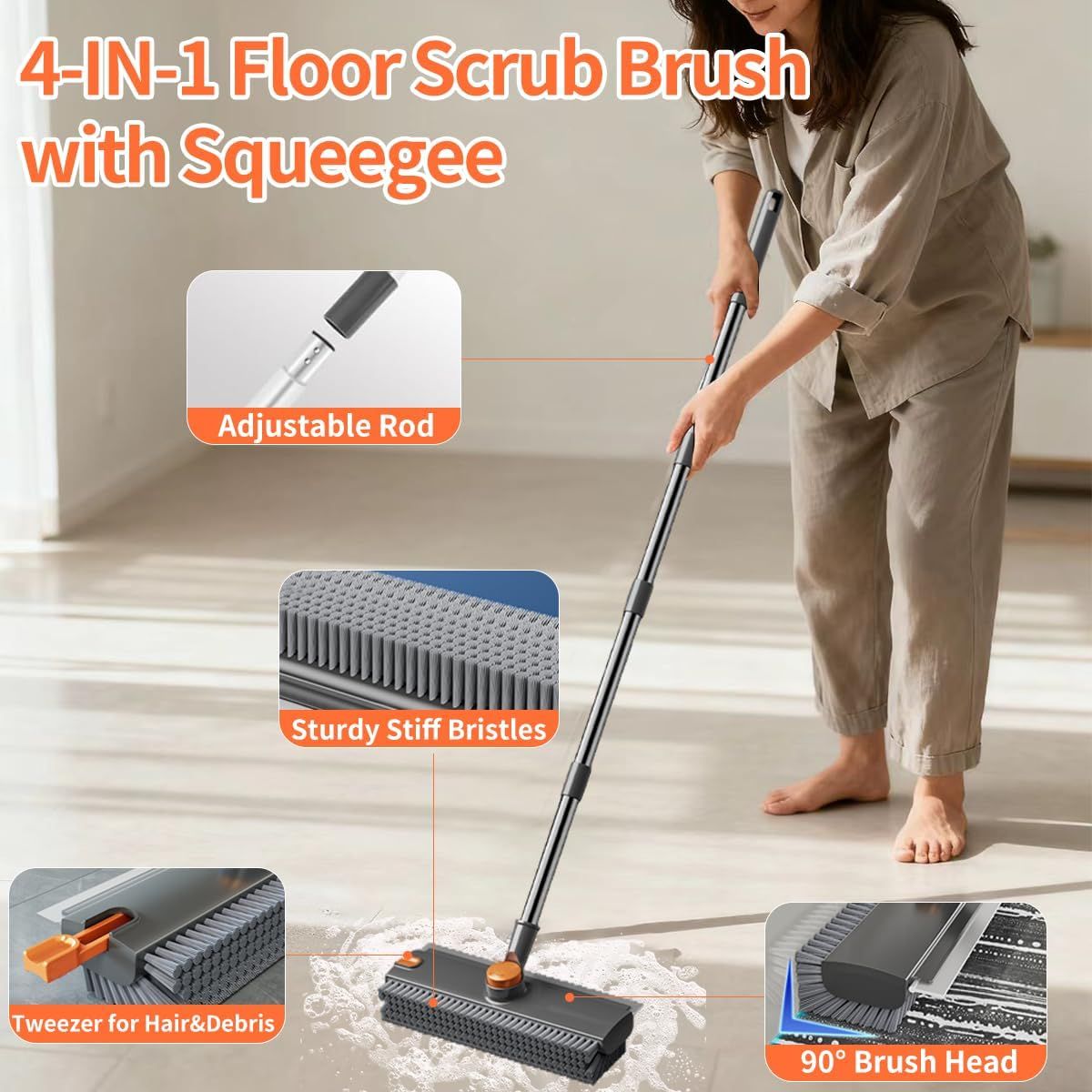 4-IN-1 Floor Scrub Brush with Squeegee being used on a floor, with features highlighted.