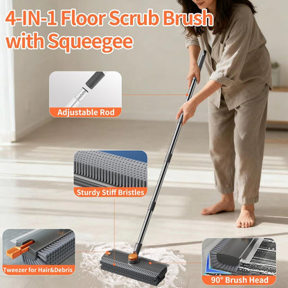 4-IN-1 Floor Scrub Brush with Squeegee being used on a floor, with features highlighted.