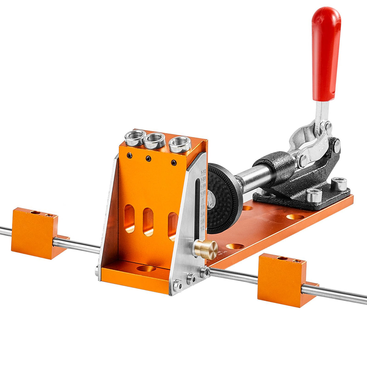 Metal tool with orange base and red handle on a white background