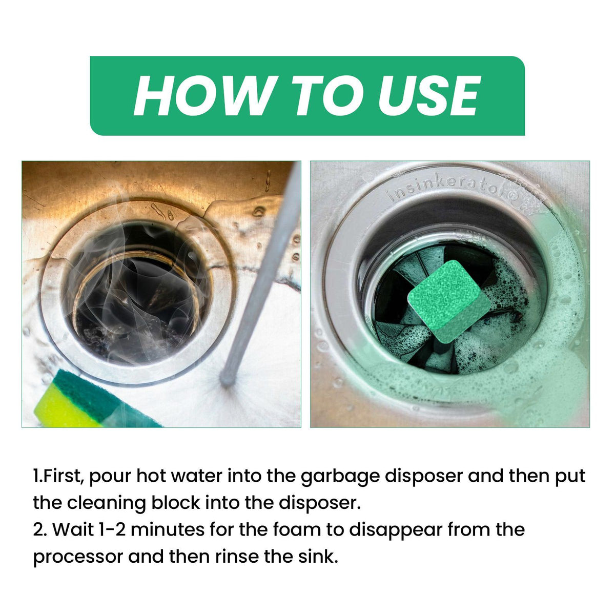 Instructions on how to use a cleaning block for a garbage disposer with text overlay.
