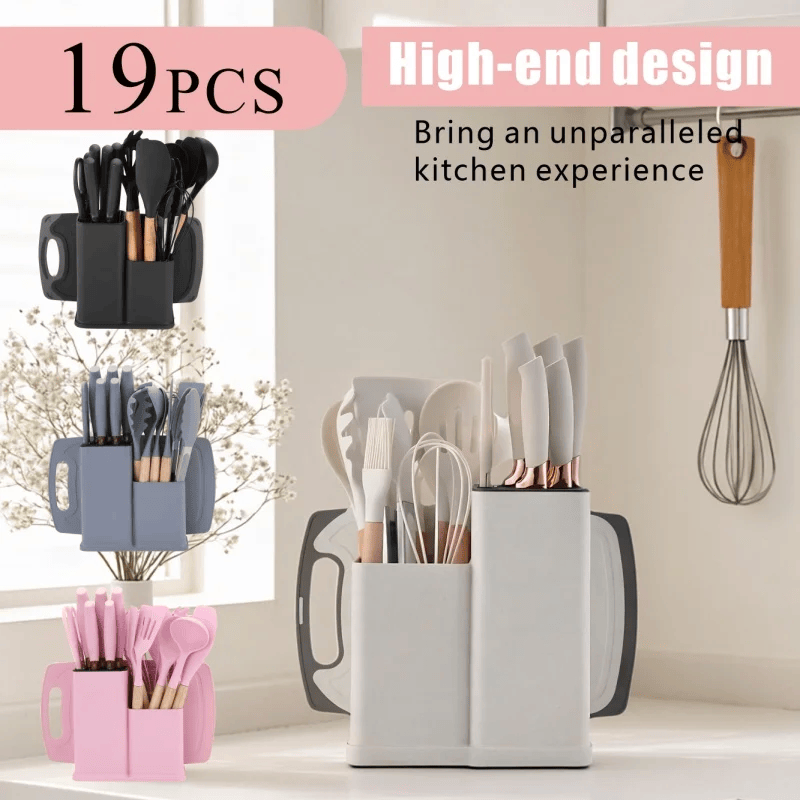 A 19-piece kitchen utensil set displayed in three colorways: black, blue-gray, and pink. The image showcases the products both individually hanging on a wall and grouped together inside a white double-compartment holder, set against a clean kitchen background.