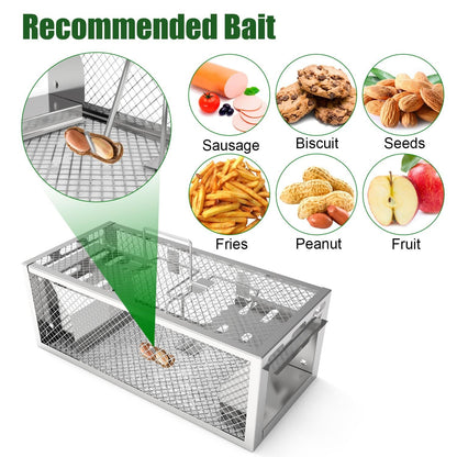 Metal mouse trap with recommended bait items displayed on a white background