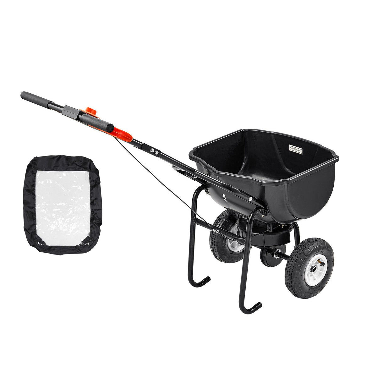 Black lawn spreader with a rectangular container on a white background
