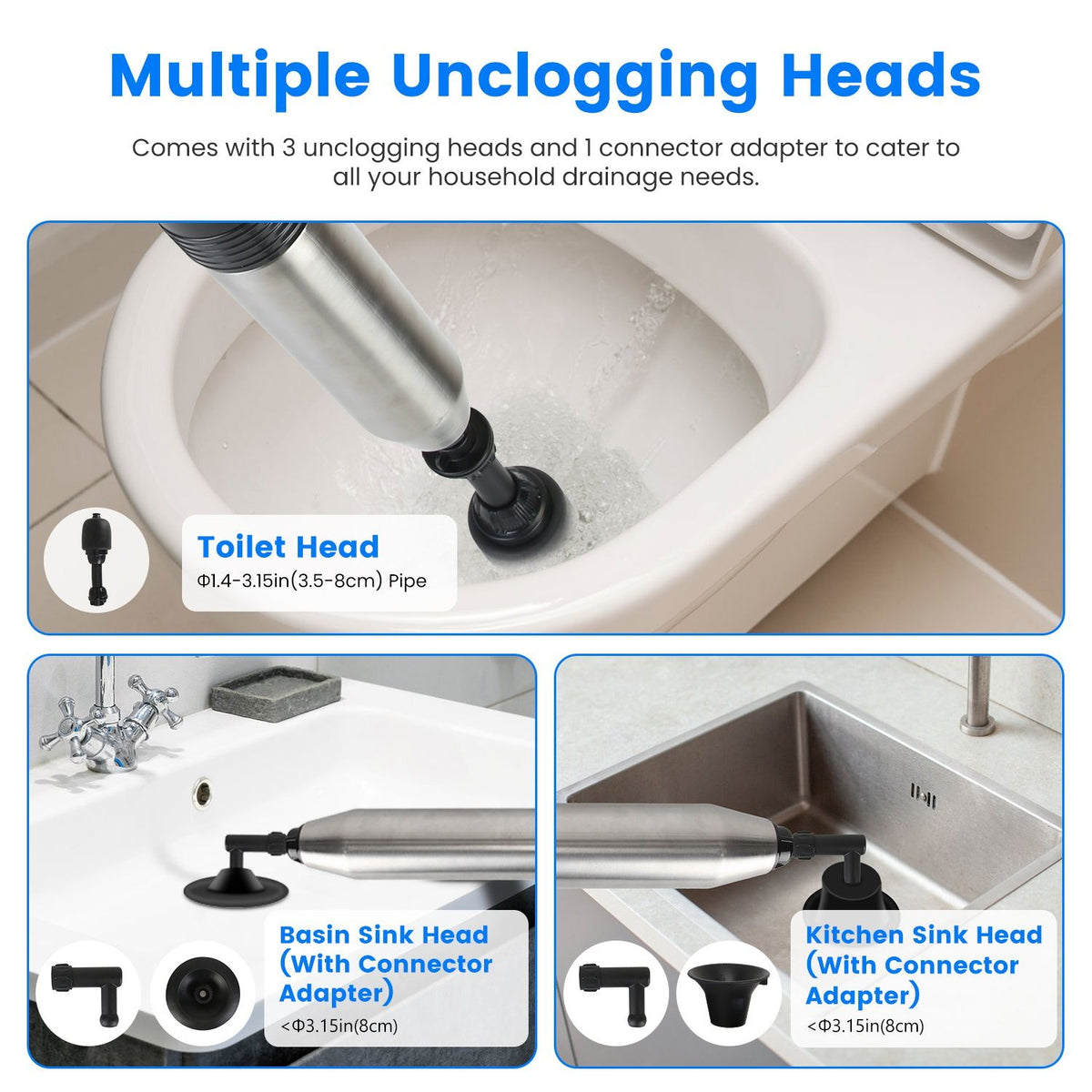 Unclogging tool with multiple heads for different plumbing tasks on a white background.