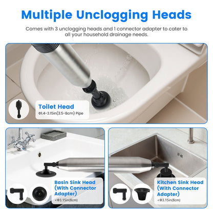 Unclogging tool with multiple heads for different plumbing tasks on a white background.