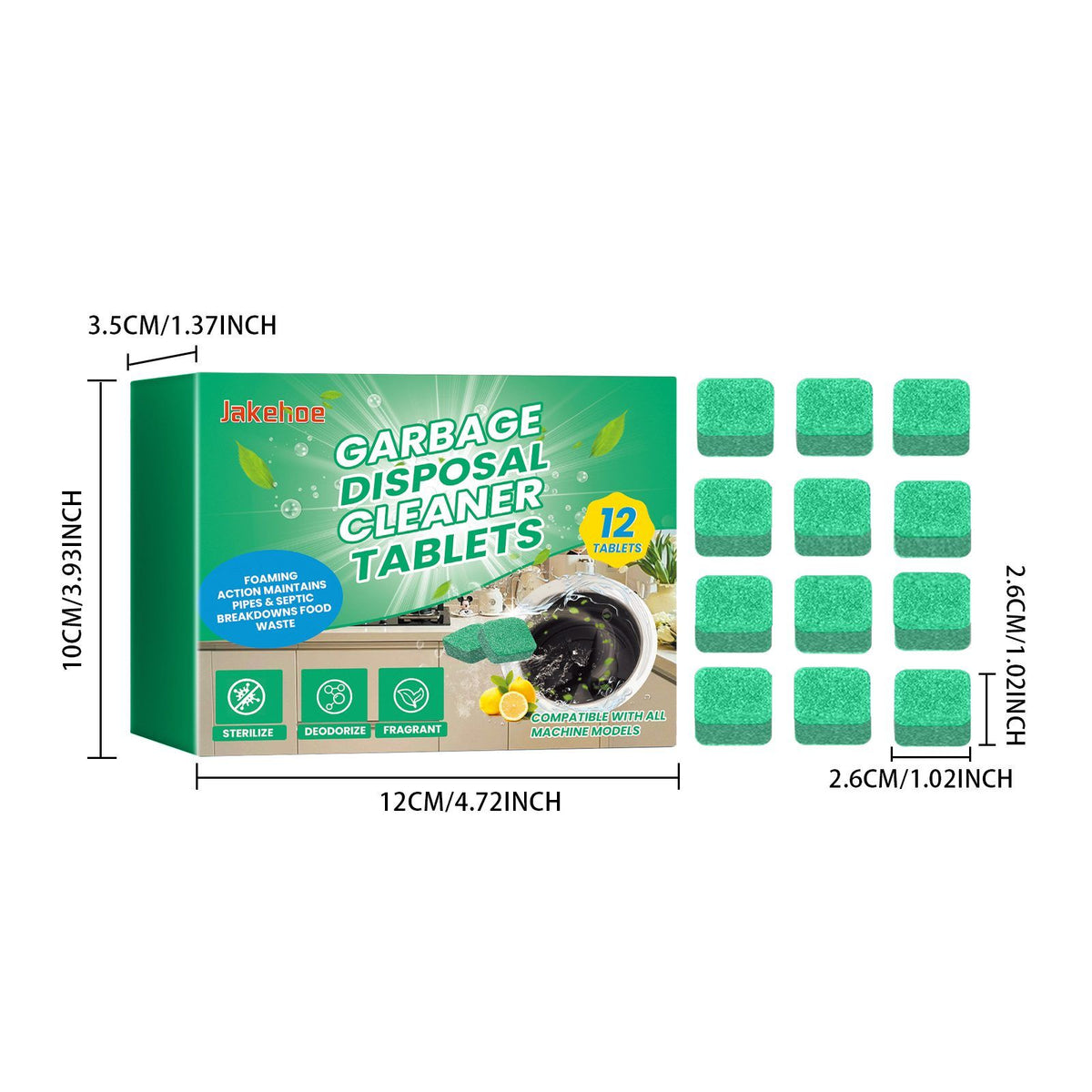 Box of Jaluboo Garbage Disposal Cleaner Tablets shown with dimension labels and twelve green tablet pieces arranged to the right. The packaging is predominantly green with white and yellow text, and the tablets are bright green.