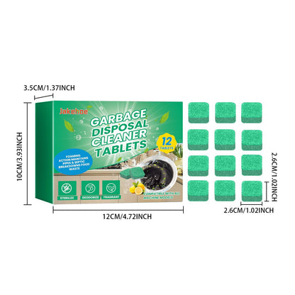 Box of Jaluboo Garbage Disposal Cleaner Tablets shown with dimension labels and twelve green tablet pieces arranged to the right. The packaging is predominantly green with white and yellow text, and the tablets are bright green.