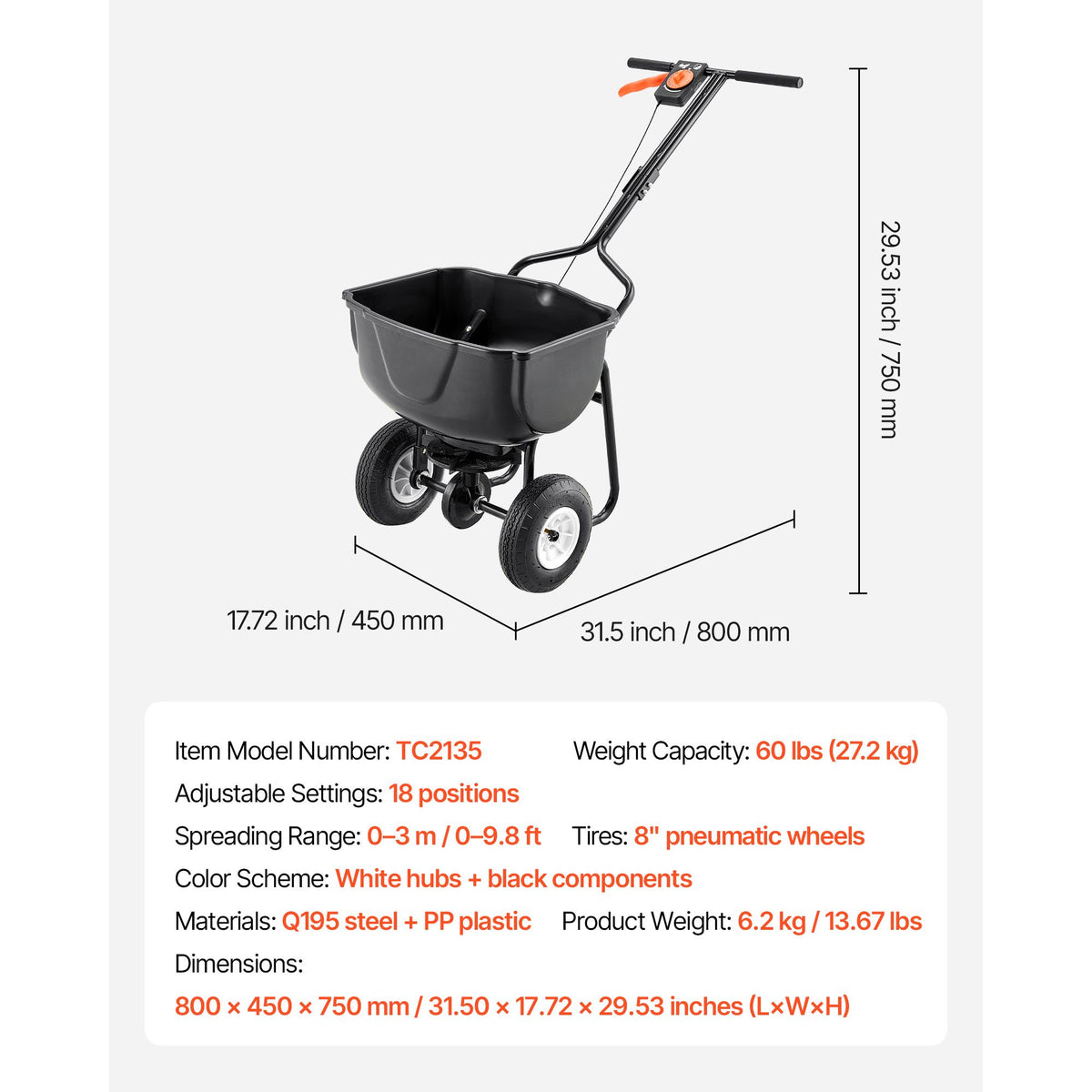 Gardening spreader with dimensions and specifications on a white background