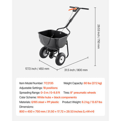 Gardening spreader with dimensions and specifications on a white background
