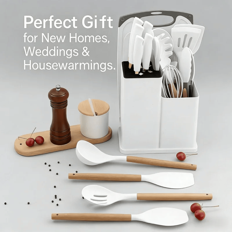 Set of kitchen utensils with wooden handles on a light gray background, accompanied by text about gift possibilities.