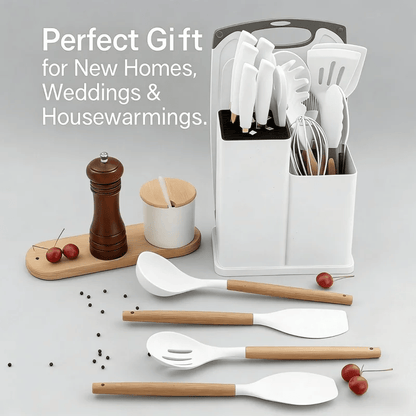 Set of kitchen utensils with wooden handles on a light gray background, accompanied by text about gift possibilities.