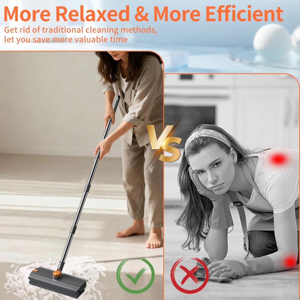 Person cleaning a floor with a mop, contrasting with a person using a smartphone, with text about efficiency and time-saving.