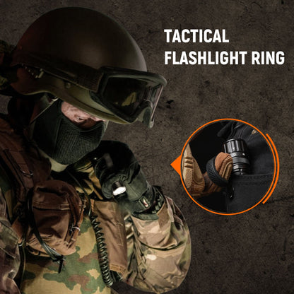 Person in tactical gear holding a flashlight with 'Tactical Flashlight Ring' text above.