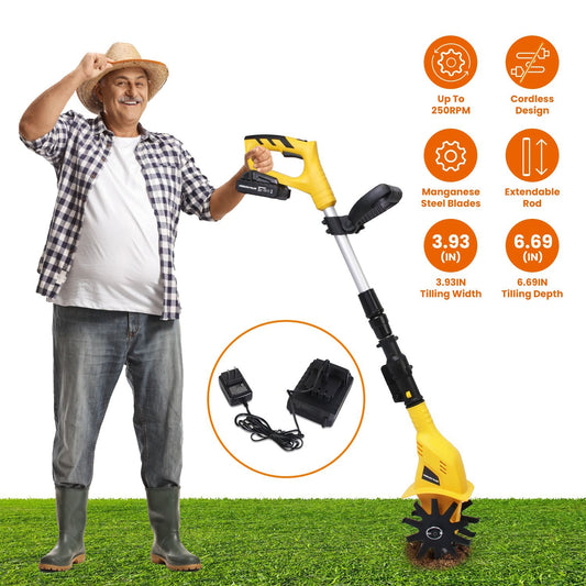 Man holding a yellow gardening tool with specifications on a white background