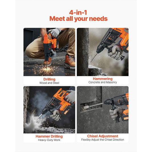 Four-image collage of a power drill performing various tasks with text indicating its多功能性.