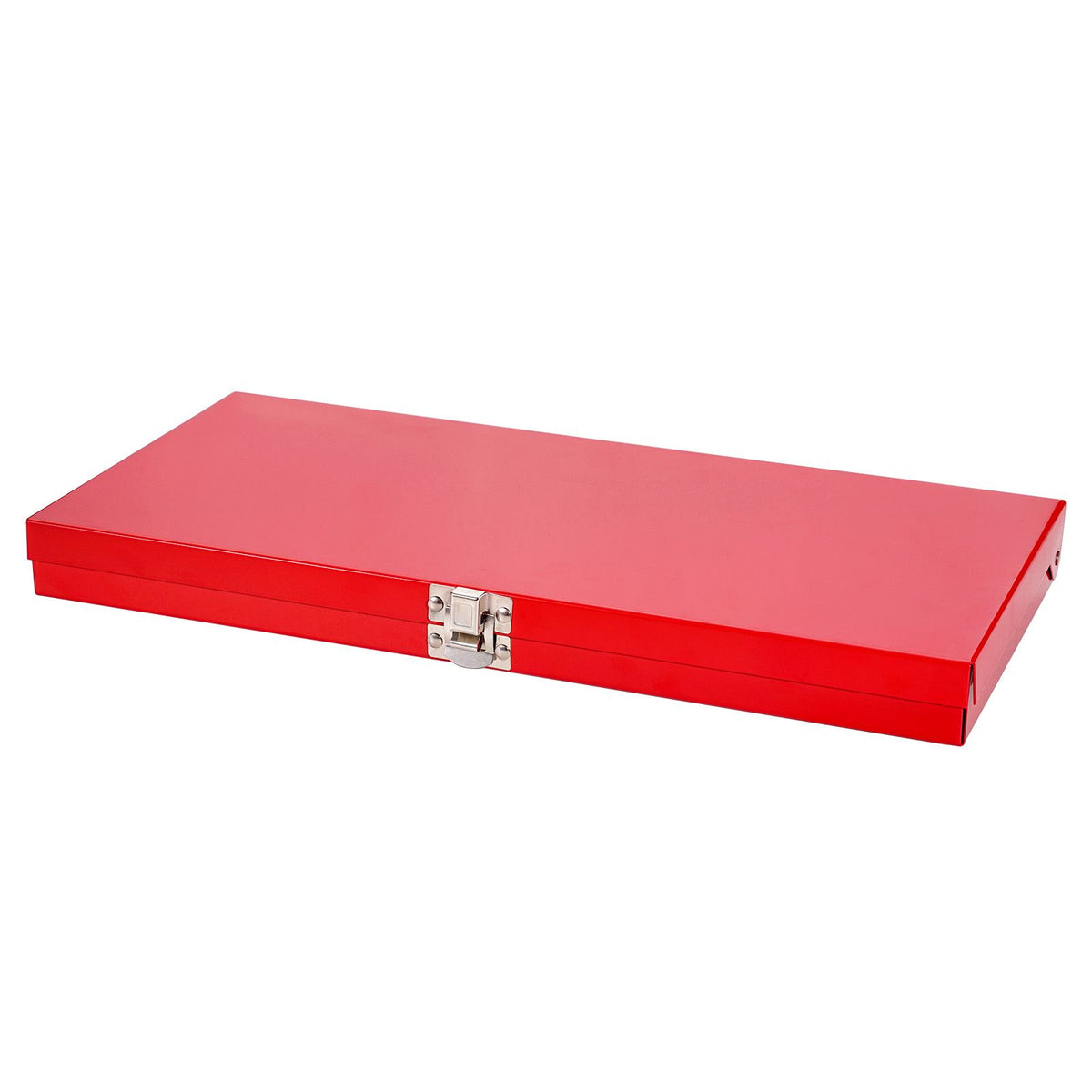 Red toolbox with a silver clasp on a white background