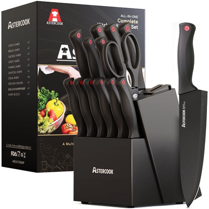 Astercook knife set with block and packaging on a white background