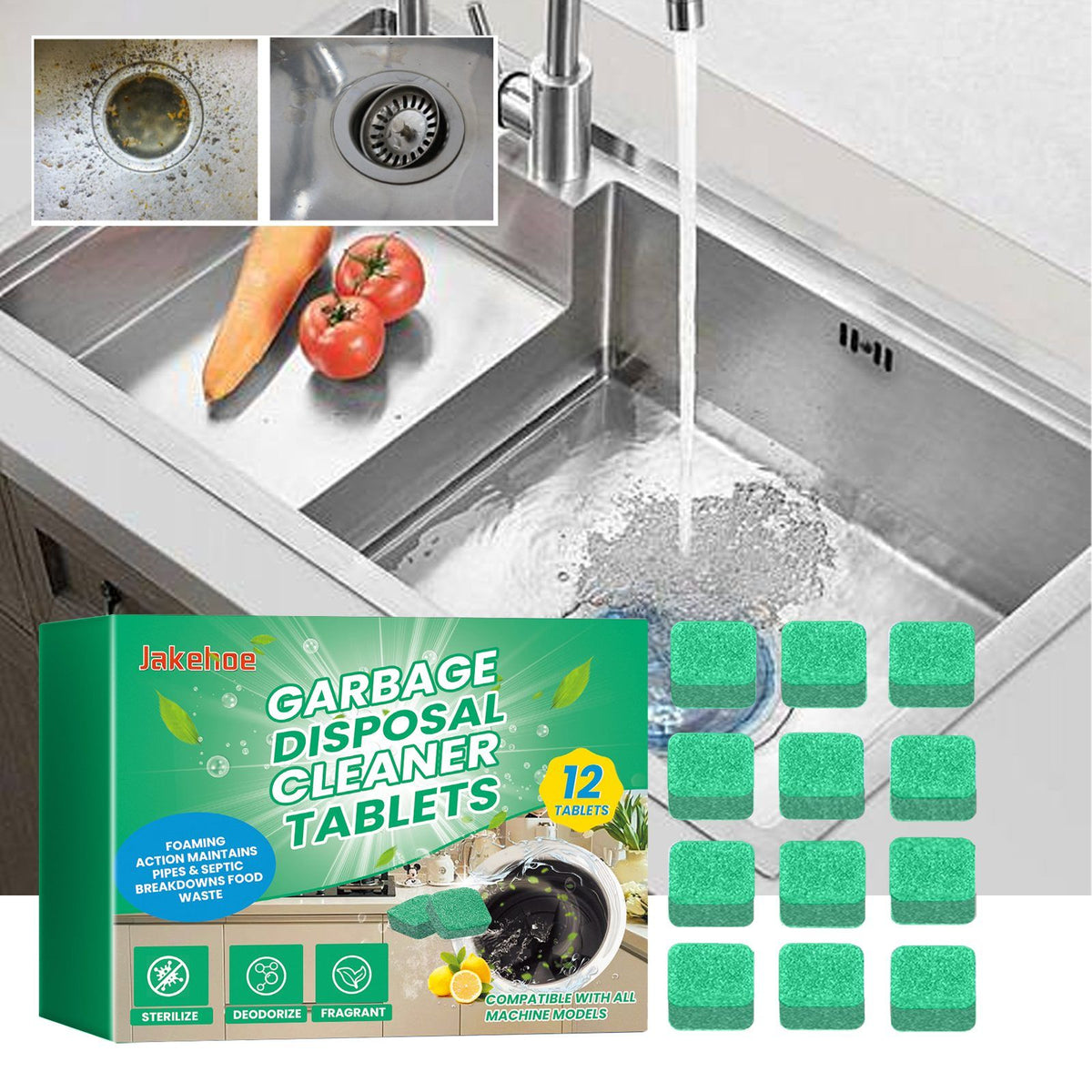 Garbage disposal cleaner tablets with packaging and before-and-after sink images.