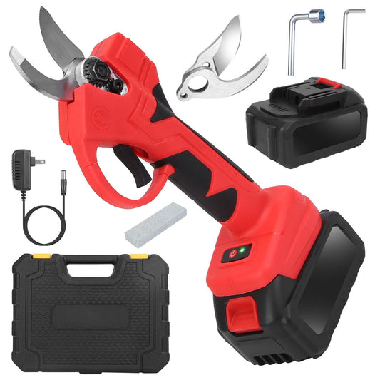 Red and black cordless pruning shear with battery pack, charger, and case on a white background