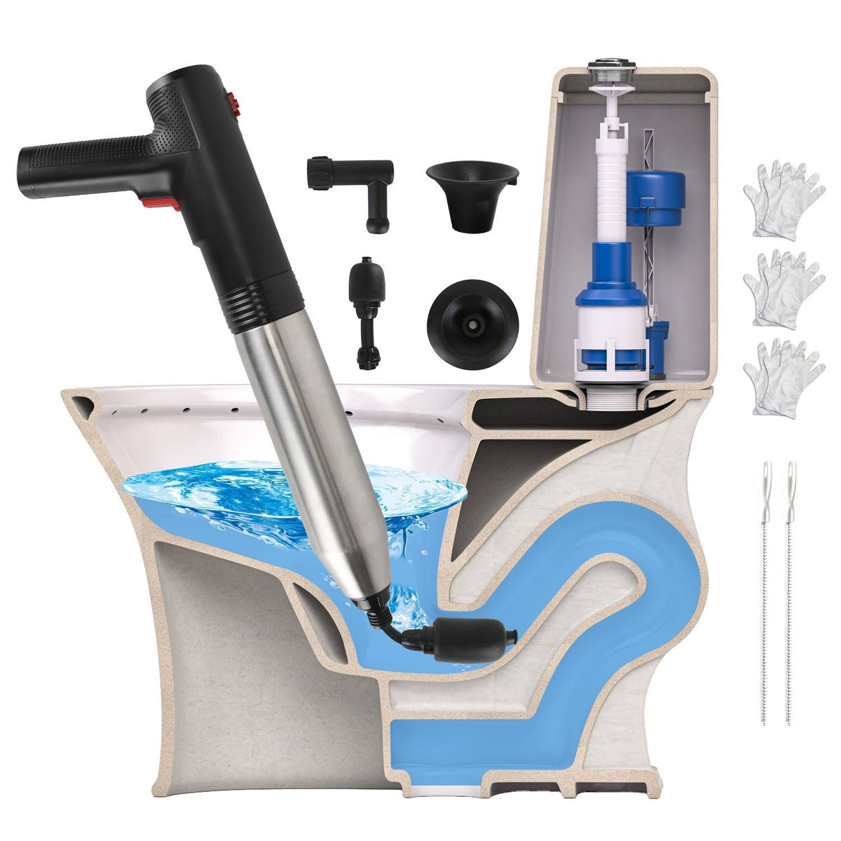 Toilet cleaning tool set with pump, nozzles, and gloves on a white background