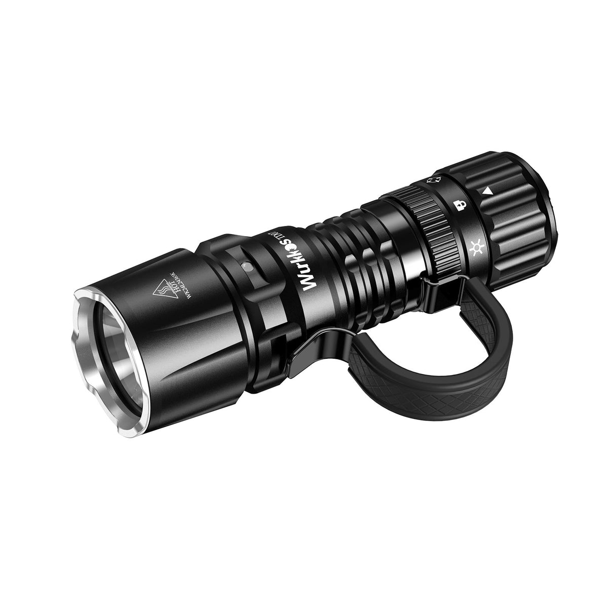 Black flashlight with visible brand logo on a white background