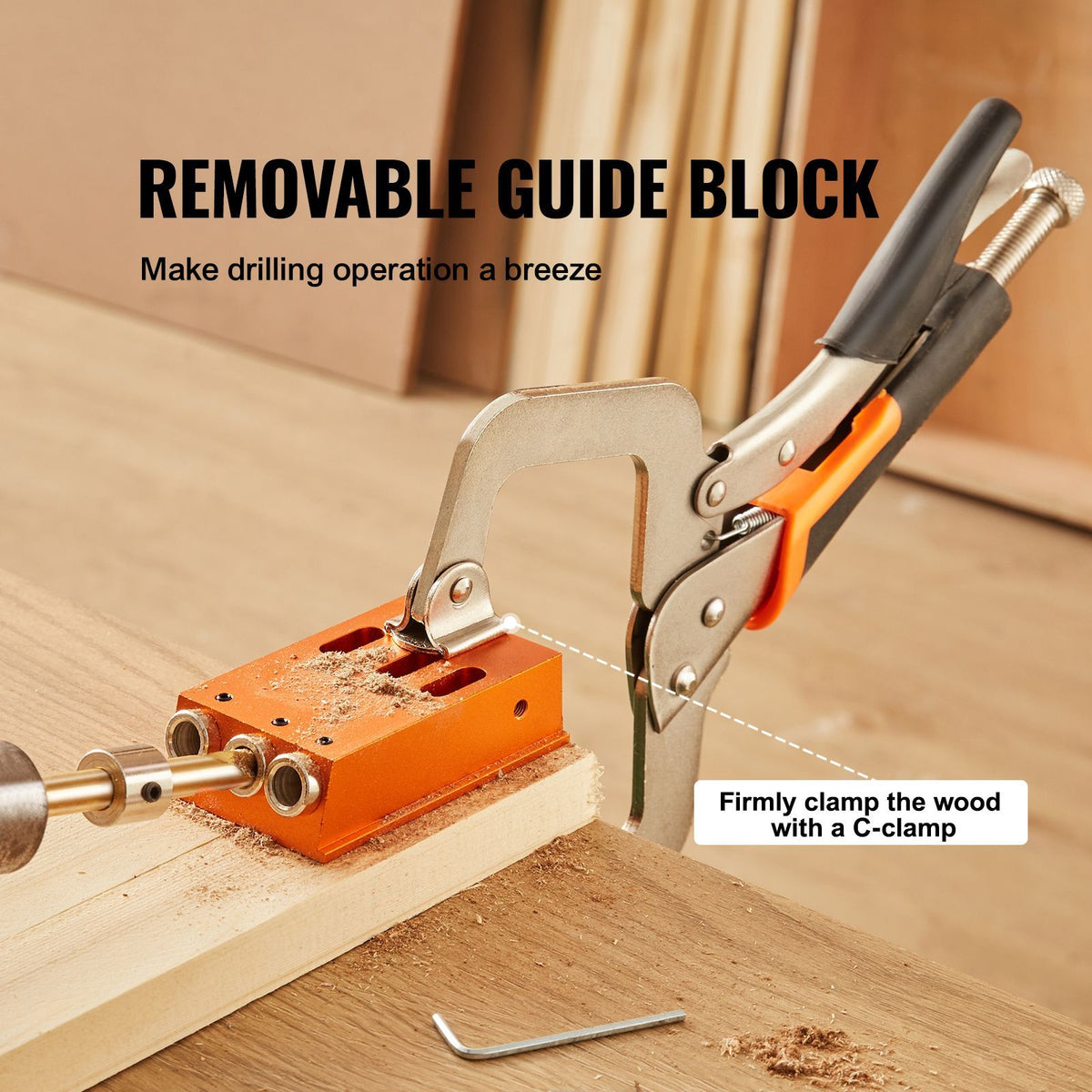 C-clamp with removable guide block on a wooden surface, with text indicating its use for drilling.
