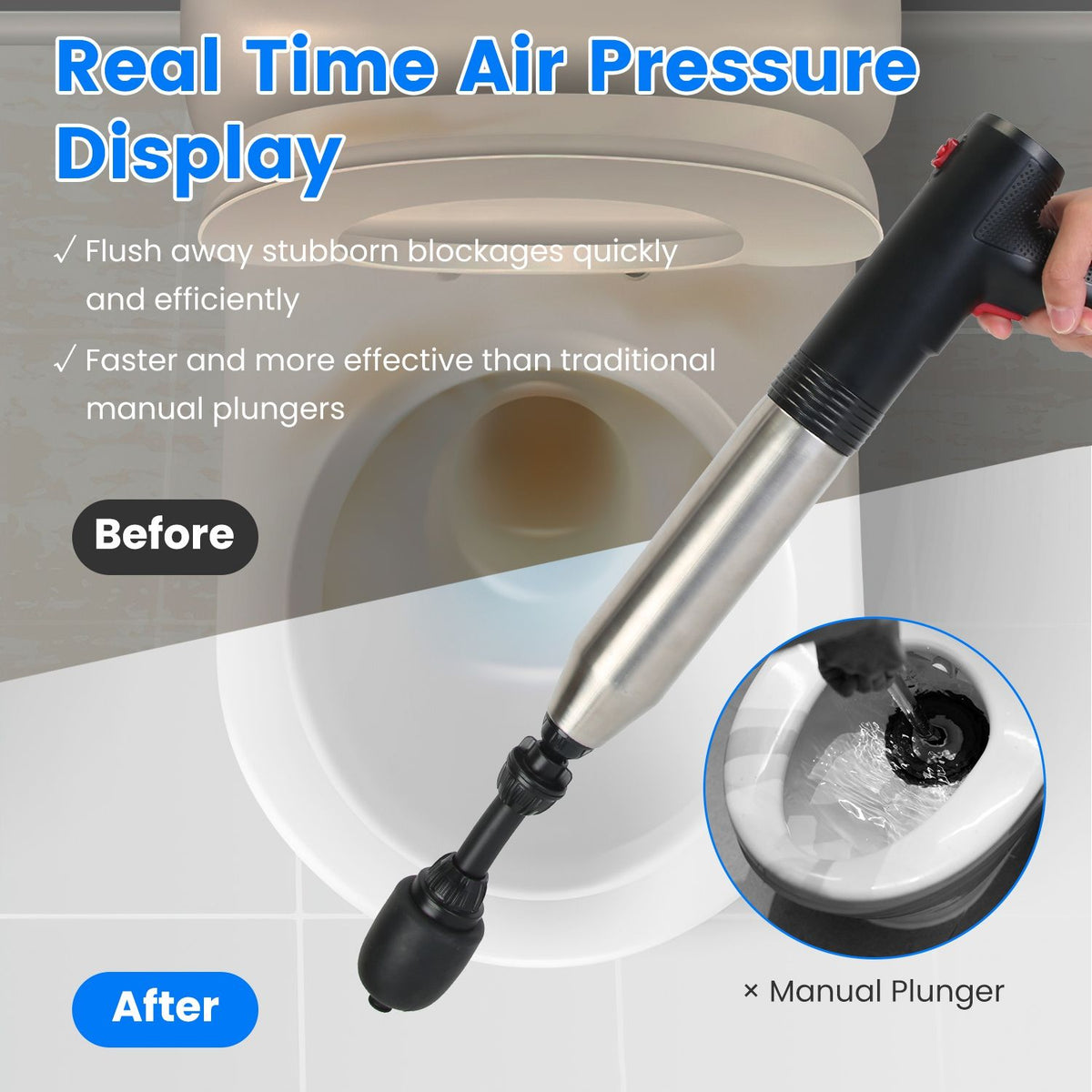 Plumbing tool with real-time air pressure display being used on a clogged drain.