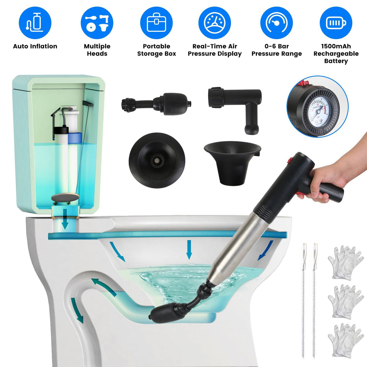 Portable toilet cleaning system with various attachments and features displayed.