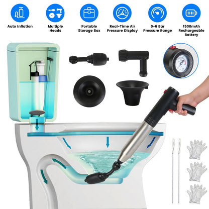 Portable toilet cleaning system with various attachments and features displayed.