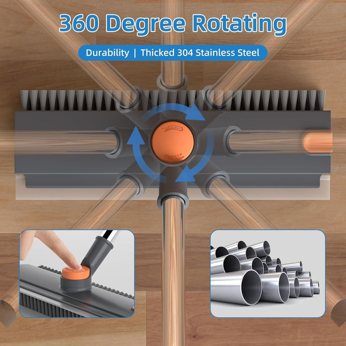 360-degree rotating cleaning tool with 304 stainless steel on a wooden background