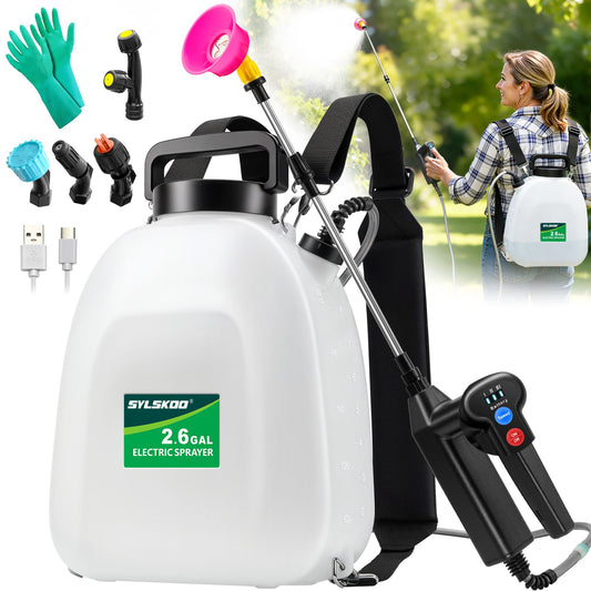 White electric sprayer backpack with a black shoulder strap and handheld controller, shown with accessories including a spray nozzle, green gloves, blue brush, USB charging cables, and a small inset photo of a woman using it outdoors. The front label reads SYLSKOO 2 GAL ELECTRIC SPRAYER.