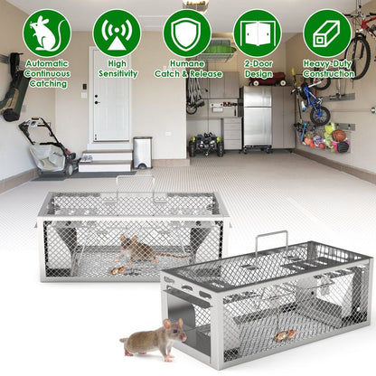 Mouse traps in a garage setting with features highlighted.