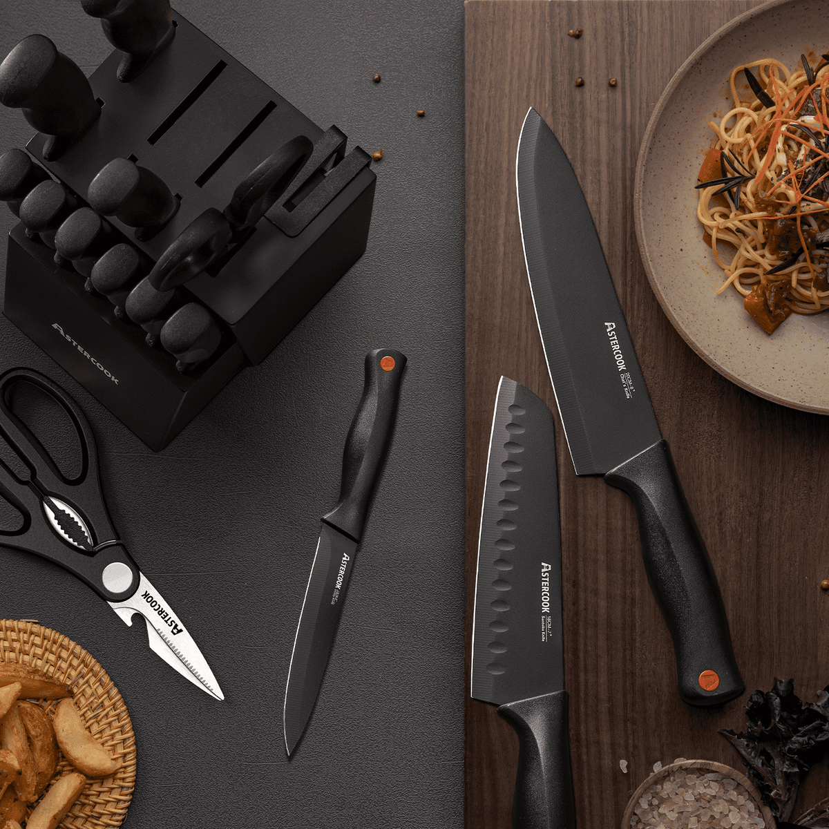 Knives and a knife block on a dark surface with a plate of food.