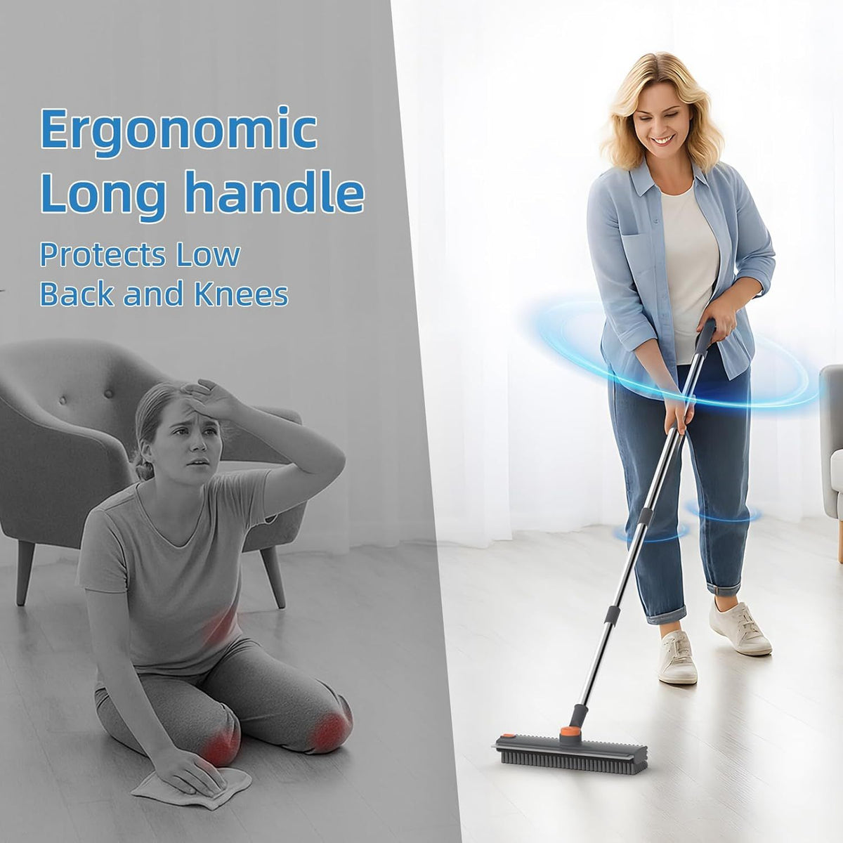 Woman using a broom with an ergonomic long handle to clean the floor, with text highlighting its benefits.