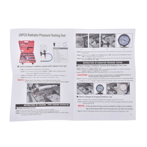 Instruction manual for a 28-piece radiator pressure testing tool on a white background