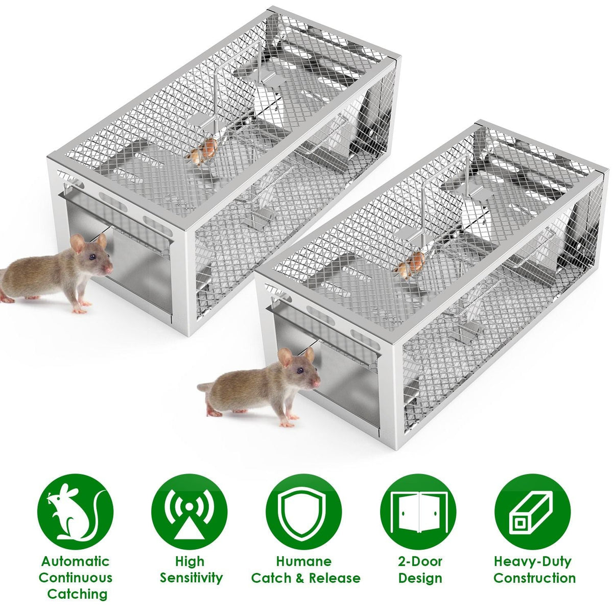 Two mouse traps with small mice around on a white background, featuring green icons and text.