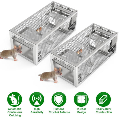 Two mouse traps with small mice around on a white background, featuring green icons and text.