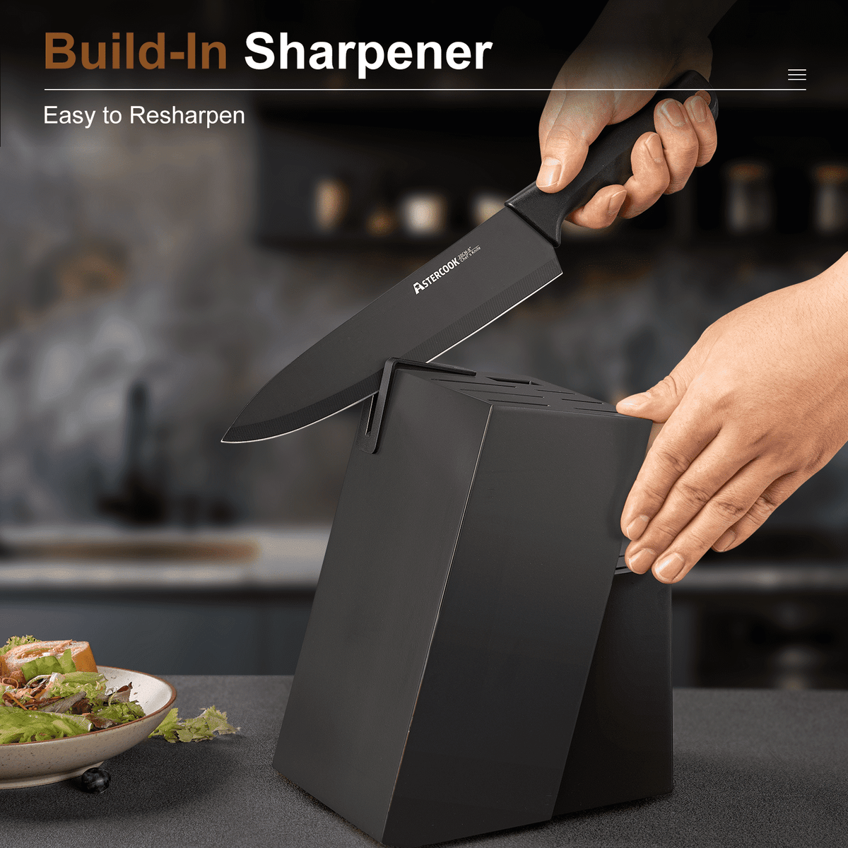 Knife sharpener with a knife being sharpened, set against a kitchen background.