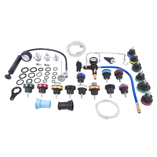 Collection of automotive repair parts and tools on a white background