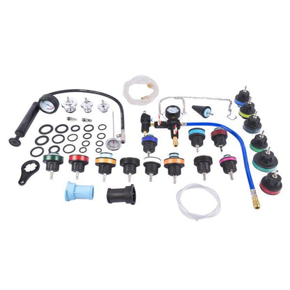 Collection of automotive repair parts and tools on a white background