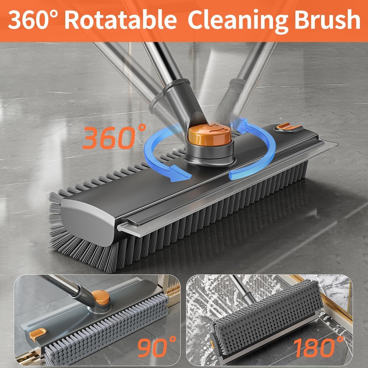 360-degree rotatable cleaning brush with attachments on a gray surface
