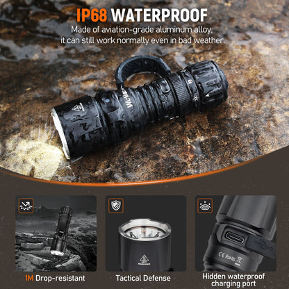 Black flashlight with waterproof features on a rugged surface