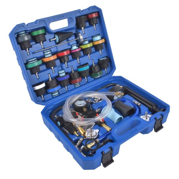 Blue tool kit with various components on a white background