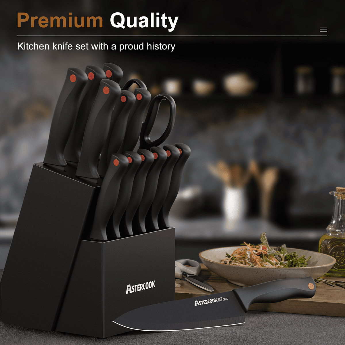 Astercook knife set with a block on a kitchen counter, featuring the brand name.