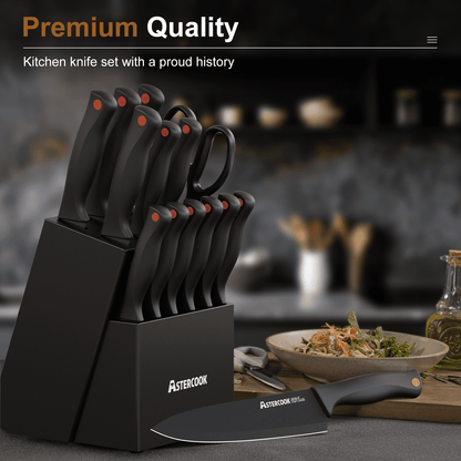 Astercook knife set with a block on a kitchen counter, featuring the brand name.