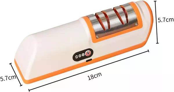 A white and orange electric knife sharpener with three sharpening slots, shown with dimension lines indicating measurements of 18cm length, 5.7cm height, and 5.