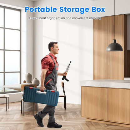 Man carrying a portable storage box in a modern kitchen.